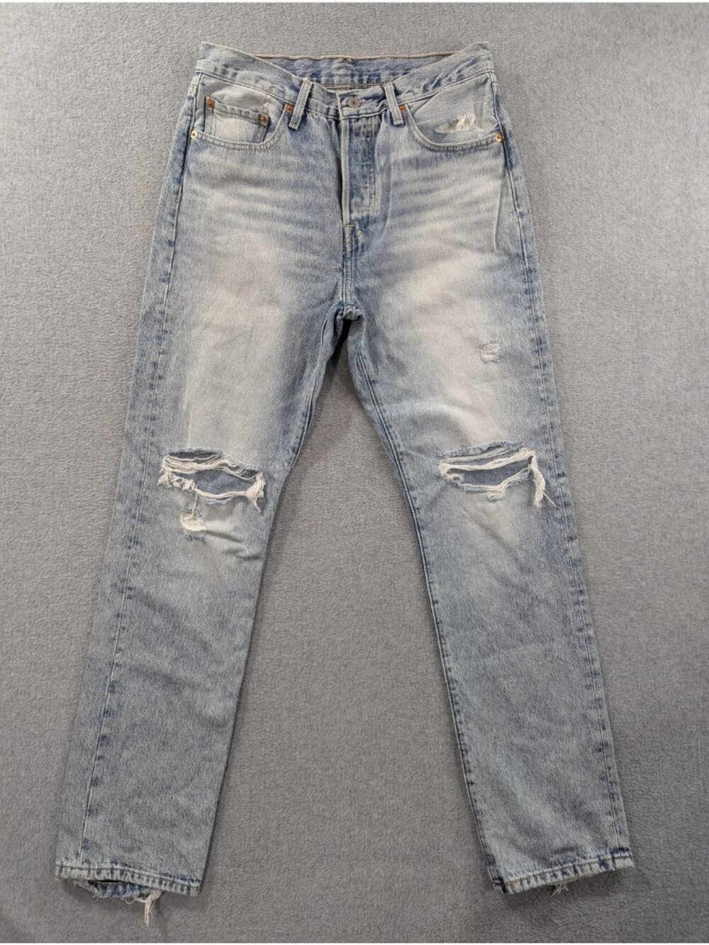 Levis Premium 501 Straight Jeans Womens W28 L30 Light Wash High Rise Distressed